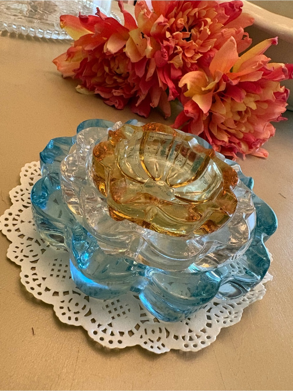 Stacked Floral Glass Dishes - Blue, Clear & Amber ash trays or trinket trays